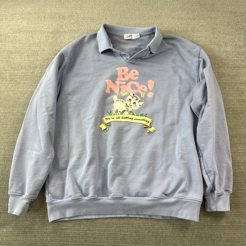 The Mayfair Group Be Nice! Graphic Sweatshirt S/M Cat Blue Oversized Collar